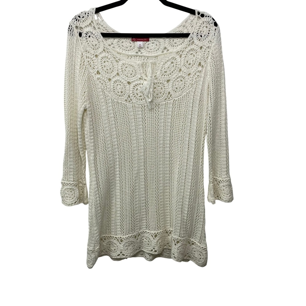CJ Bank Ivory Crochet Knit Tunic Sweater 3/4 Sleeve Tassel Boho Hippie Granola M - Picture 2 of 11